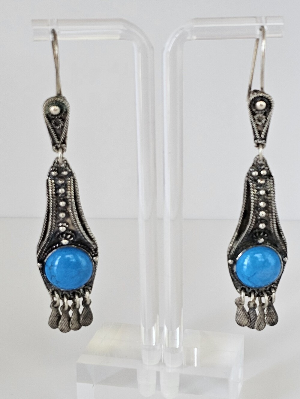 Vintage 950 Silver Turquoise Chandelier Earrings, Heavy 16g Artisan Handmade - Picture 7 of 8